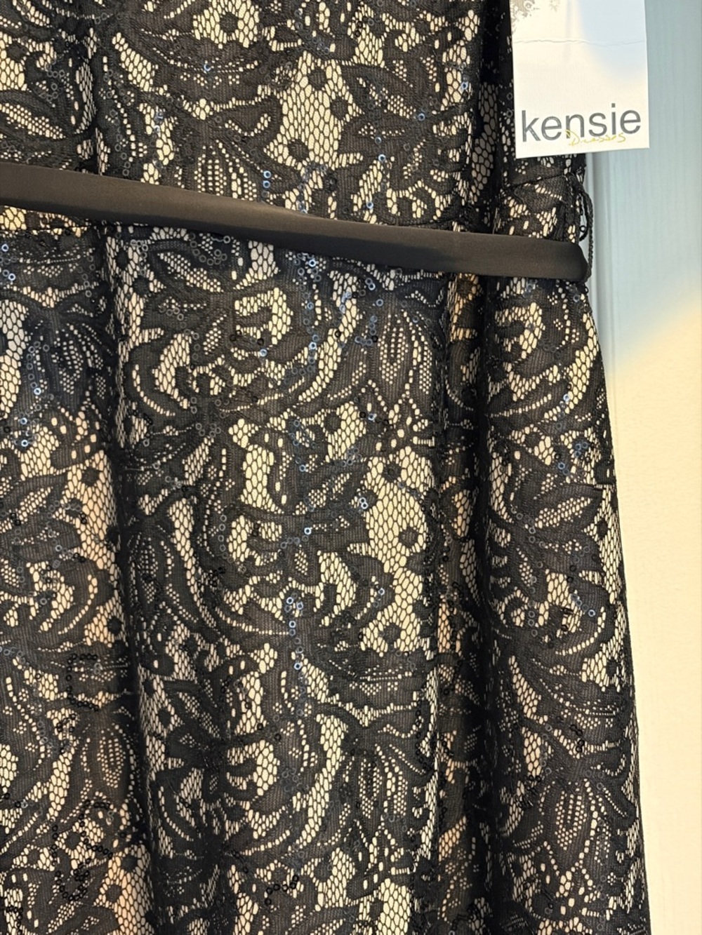 Kensie Black Beaded sequined Lace Overlay Midi Dress with Nude Lining - Picture 5 of 7